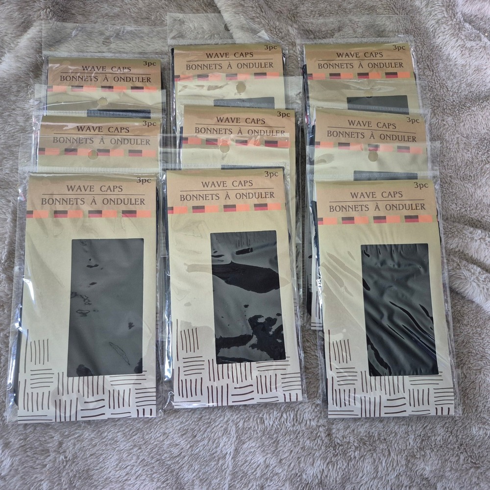 Lot of 9 Wave Caps 3-Packs Black Bonnets à Onduler Wide Stretch Band 30 Total